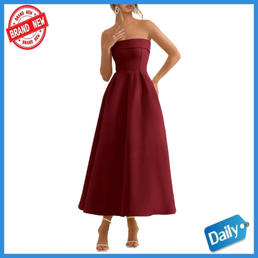 Strapless Tube Top Midi Dress Formal Cocktail Wedding Guest Party